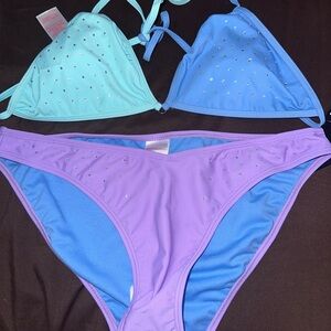 Tri-Color Rhinestone Bikini Set - Lavender, Blue & Mint